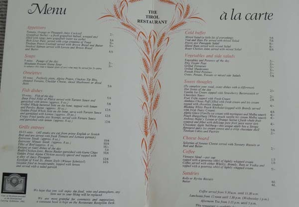 Tirol Restaurant Menus at Suters of Slough